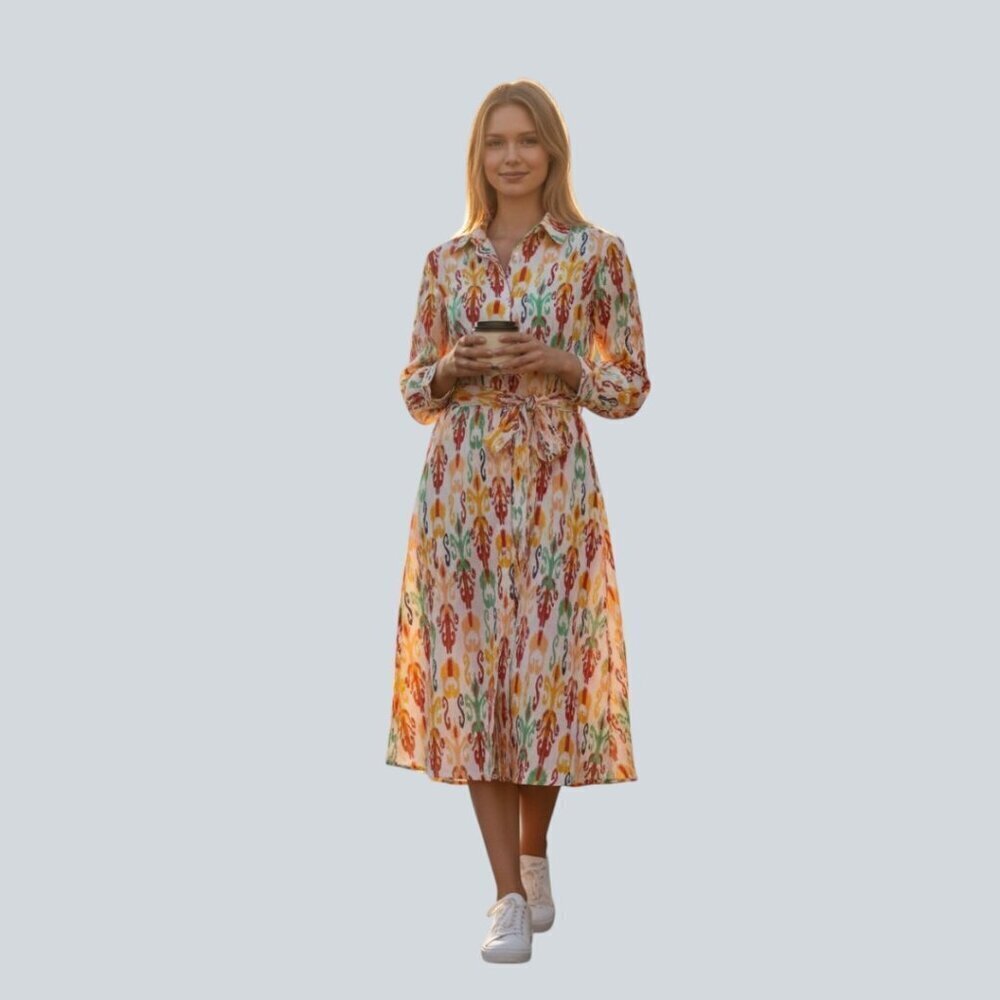ZARA The Melinda Midi Oyster White Printed Shirt Dress With Belt Size Small NWT